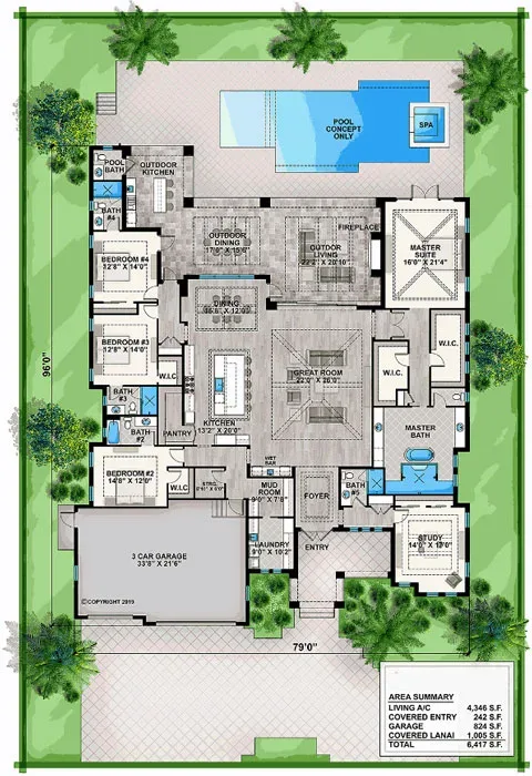 A floor plan for a modern home with a pool.